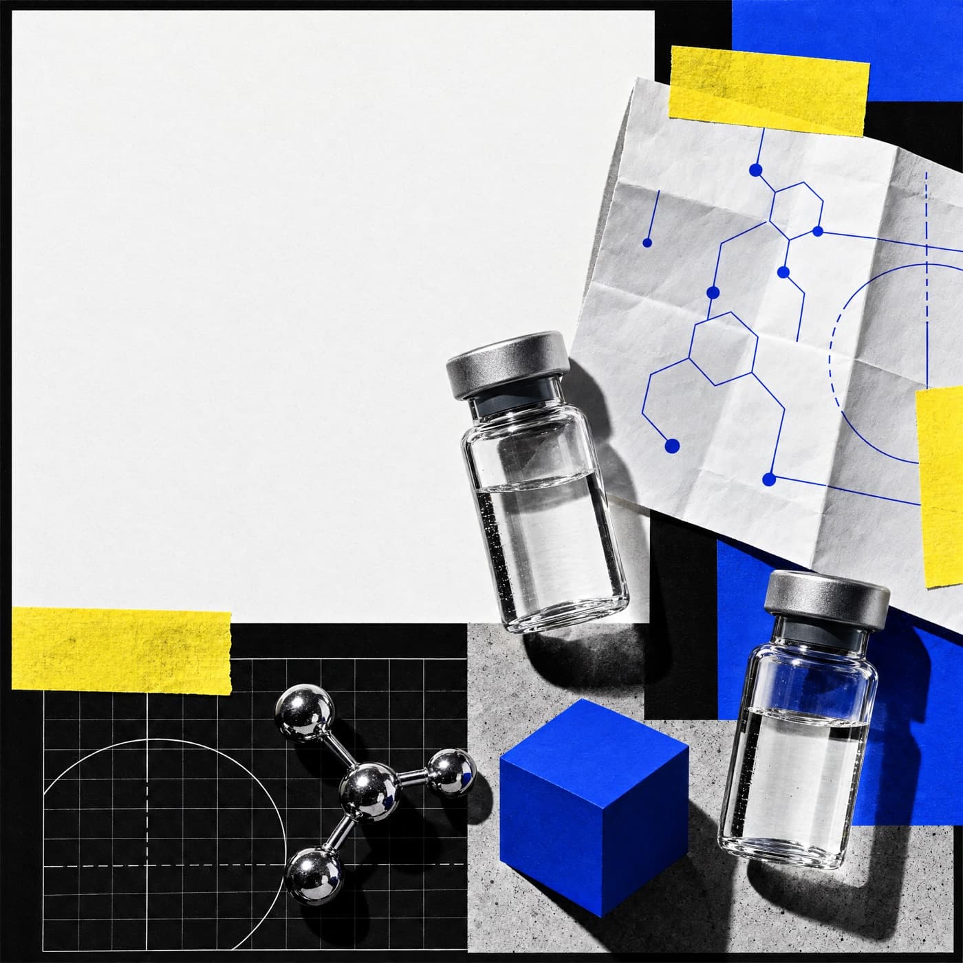 Glass vials, a molecular model and a blueprint on a collage of paper and color blocks